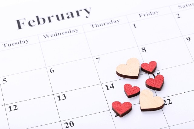 february calendar hearts on valentines day