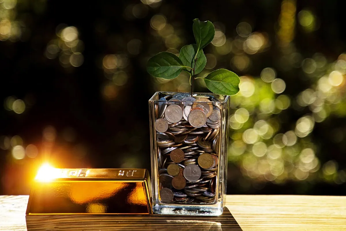 Want to Buy Gold? These Are the 7 Best ETFs for the Job 4 a gold bar sits next to a glass of coins with a left sprouting out of it.