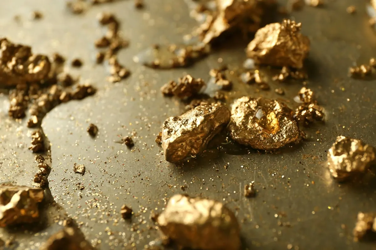gold nuggets scattered across a flat surface.