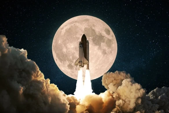 a space shuttle rockets upward with a full moon in the background.