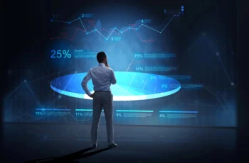 concept art of a person standing in front of a wall sized monitor looking at a pie chart representing a breakdown of fund holdings.