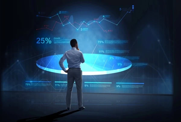 concept art of a person standing in front of a wall sized monitor looking at a pie chart representing a breakdown of fund holdings.