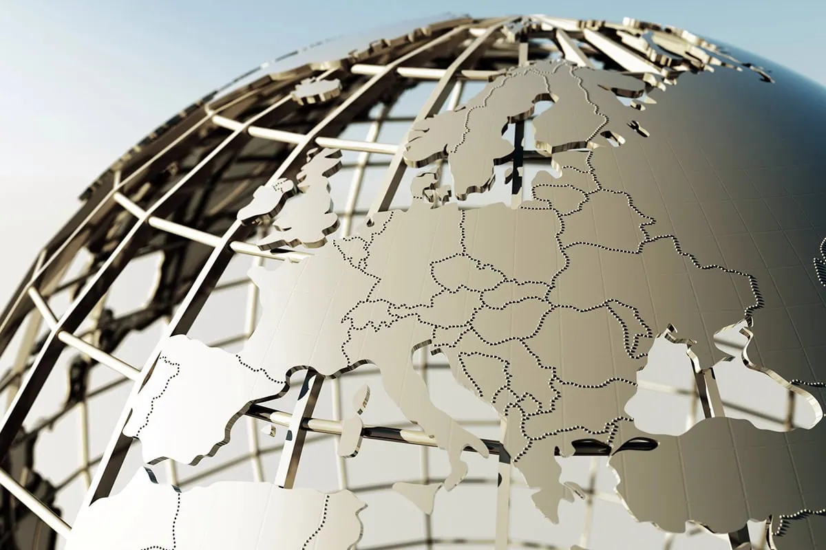 a picture of a wireframe globe that is focused on european countries.