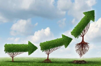 a series of bushes shaped like arrows shows growth over time.