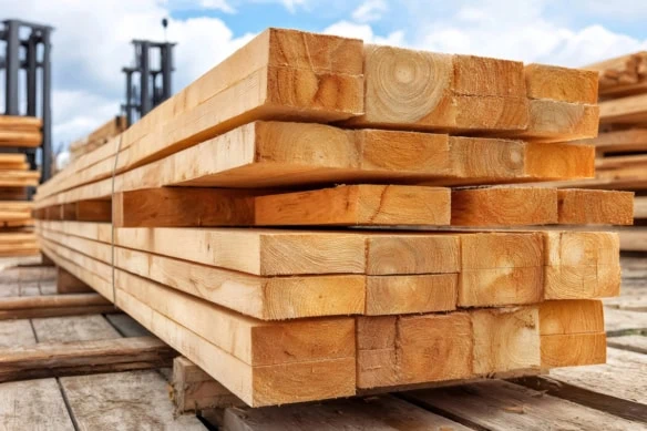 wooden planks stacked neatly in a lumber yard.