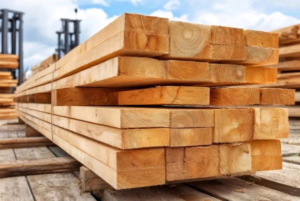 wooden planks stacked neatly in a lumber yard.