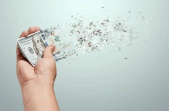 A hand holds a hundred dollar bills that dissolve into thin air. The concept of disappearing money