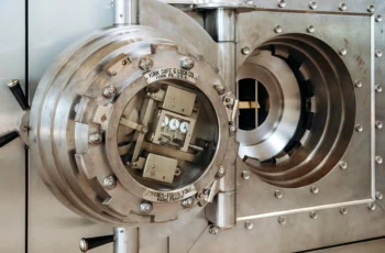 a large bank vault door in a bank in lisbon portugal.