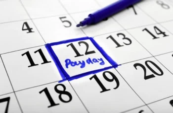 a calendar with a day circled in blue that says payday.