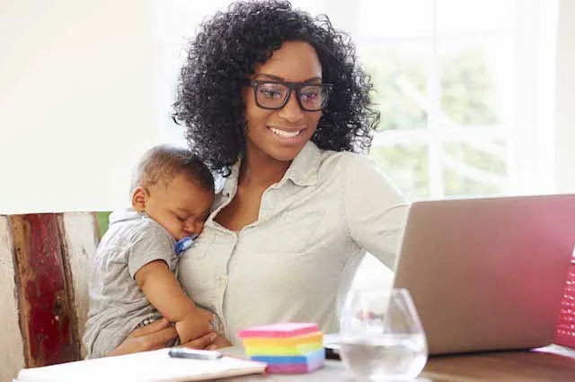 mother child baby laptop work from home office stickynotes