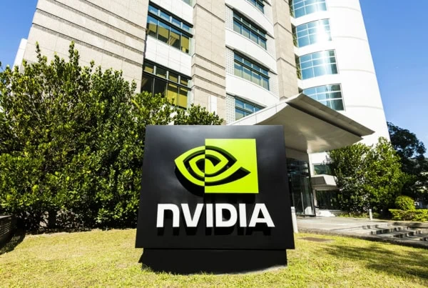 an nvidia sign outside of an office building in taiwan.