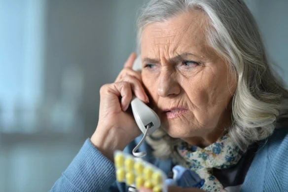 older woman upset on the phone scam medicine-1200