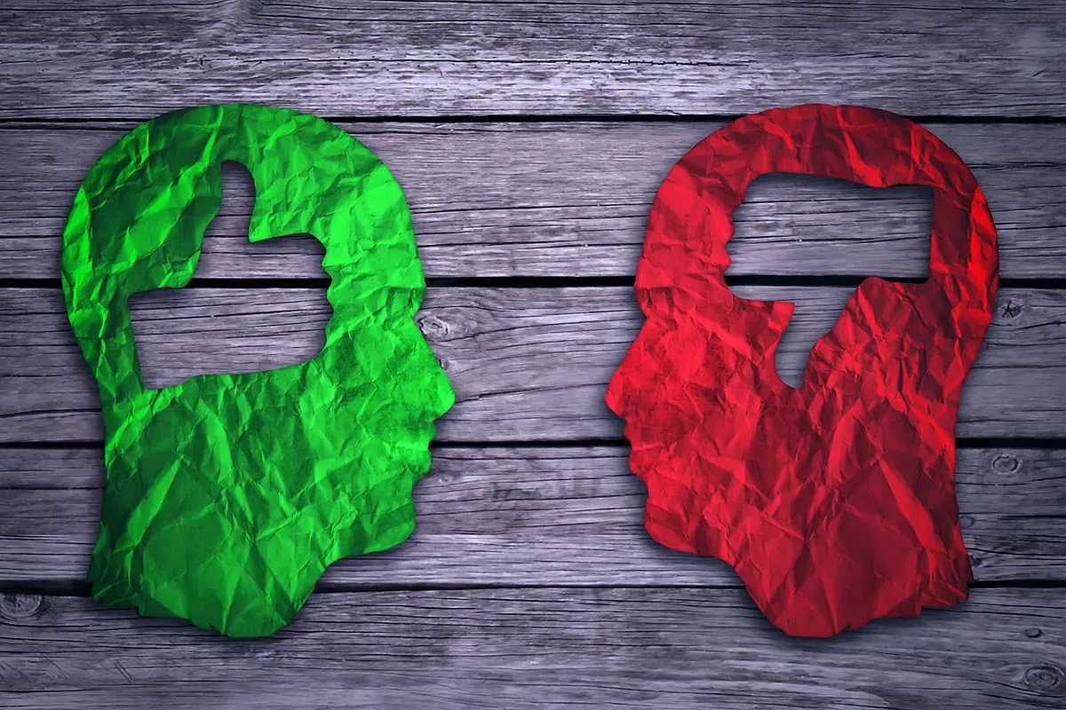 Financial Independence, Retire Early (FIRE) Basics: How Frugality and Investing Can Enable an Early Retirement 14 concept art showing the outlines of two heads one green with a thumbs up in the middle and the other red with a thumbs down.