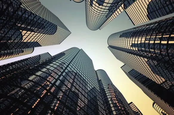 an upward camera shot of skyscrapers in a city tinted yellow.