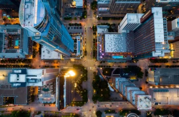 a city shown from above.