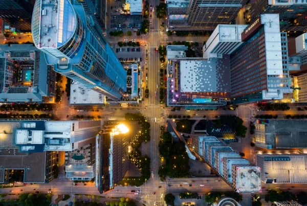 a city shown from above.