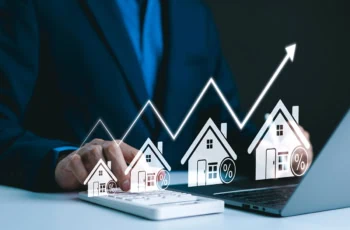 concept art of several houses growing in value with a line chart.