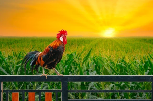 one rooster on house fence with green corn field and sunrise in the morning