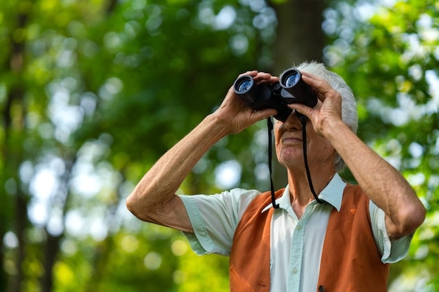 senior bird watching binoculars