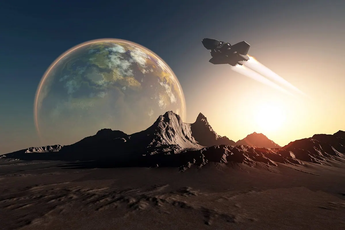 Reach for the Stars: 7 ETFs Riding the Space Economy Boom 3 Futuristic concept art of a space shuttle on a distant planet.