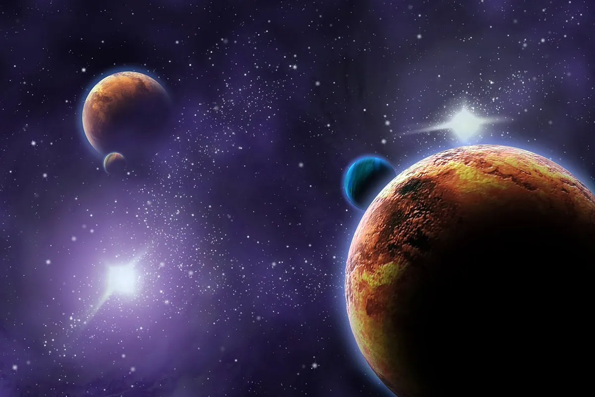 9 Space ETFs for Investing's Next Frontier 4 Abstract illustration of planets in deep dark space.