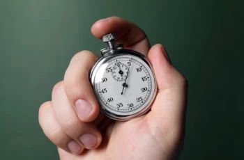 a person holds a stopwatch against a green background.