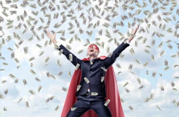 a superhero throws cash into the air.