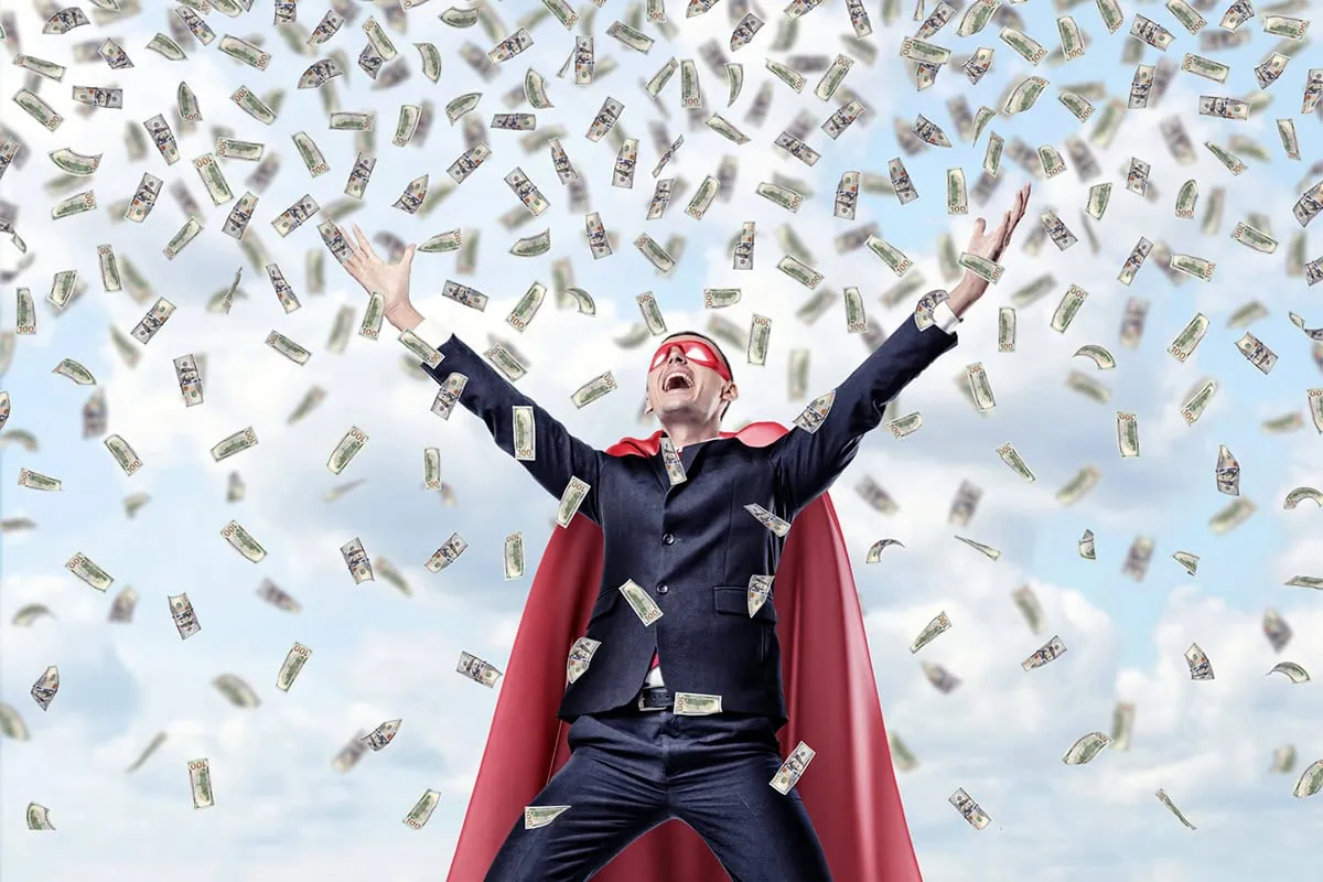a superhero throws cash into the air.