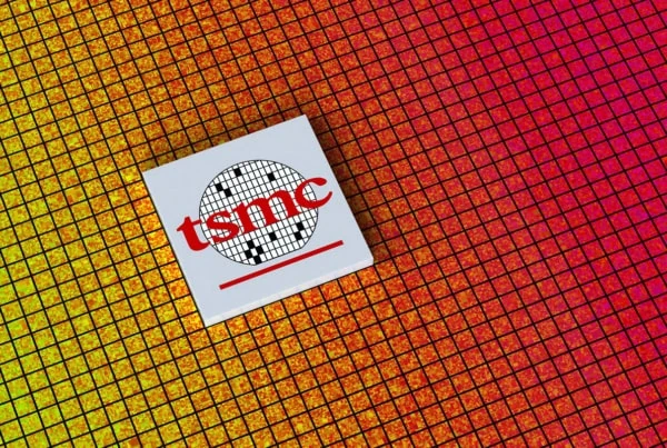 The Taiwan Semiconductor logo on a small chip.