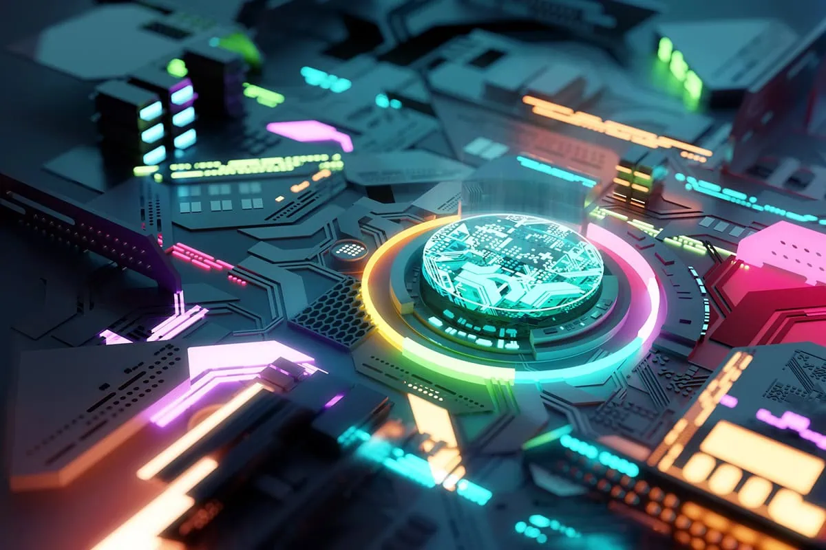 bright-colored futuristic CPU and processors.