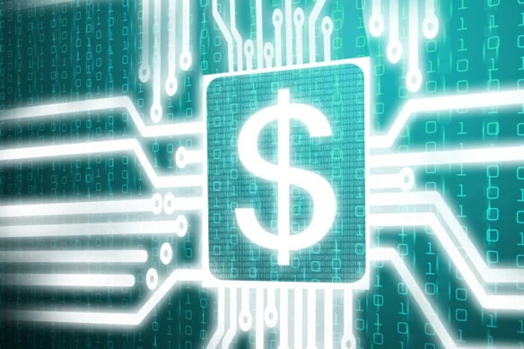 Concept art of a circuitboard converging on a dollar sign.