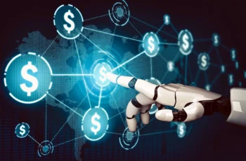 a robot hand points to virtual dollar signs.