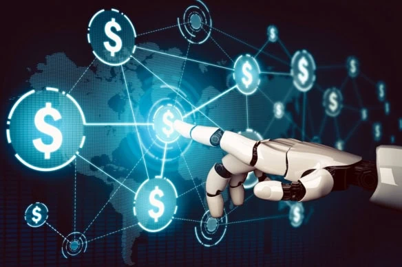 a robot hand points to virtual dollar signs.