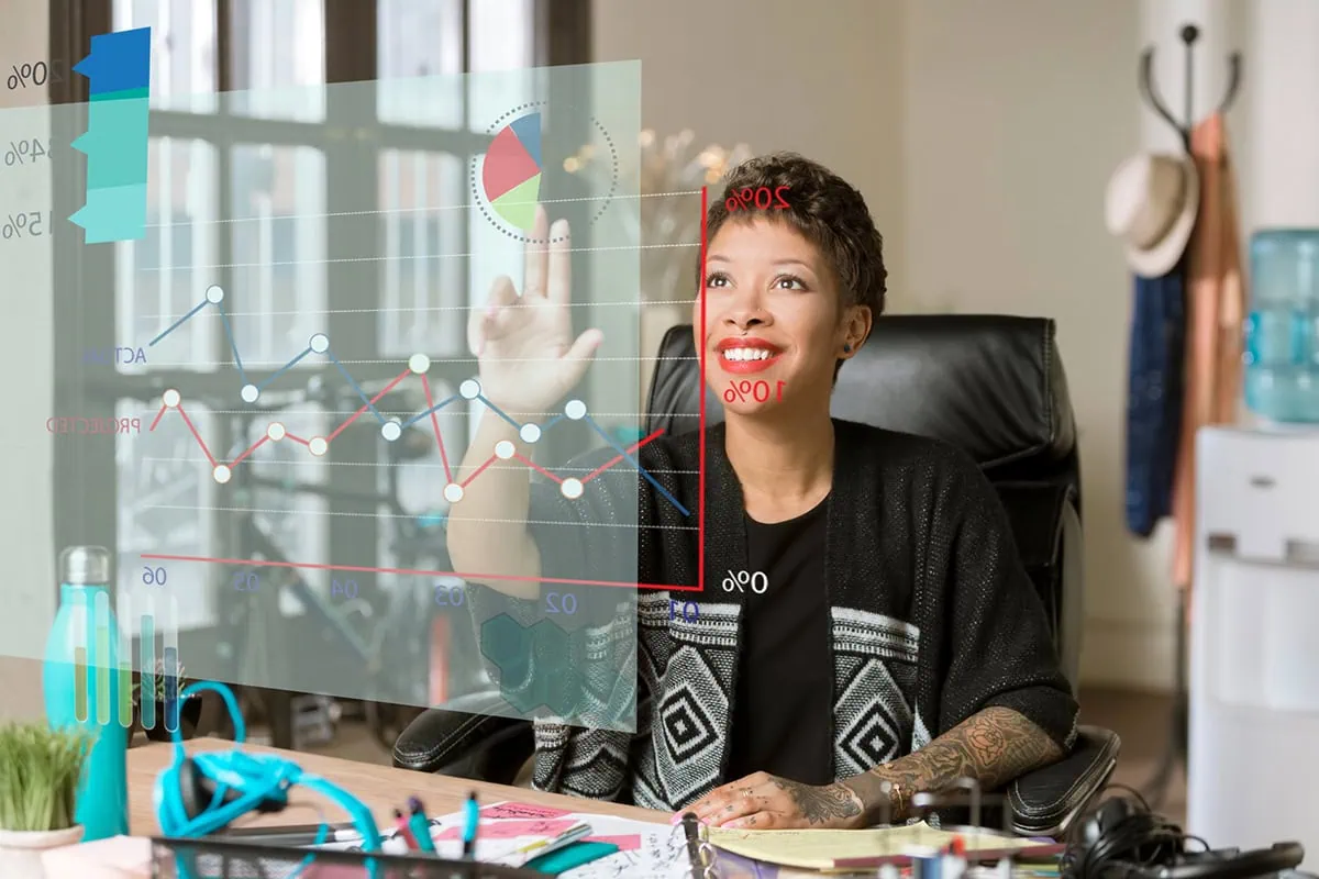 ๐ธ Rookie to Riches: Your Guide to Stock Market Survival 15 a woman navigates a virtual set of charts in front of her.