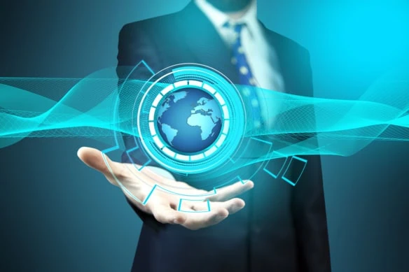 concept art of a businessman holding a technologically enhanced globe above his hand.