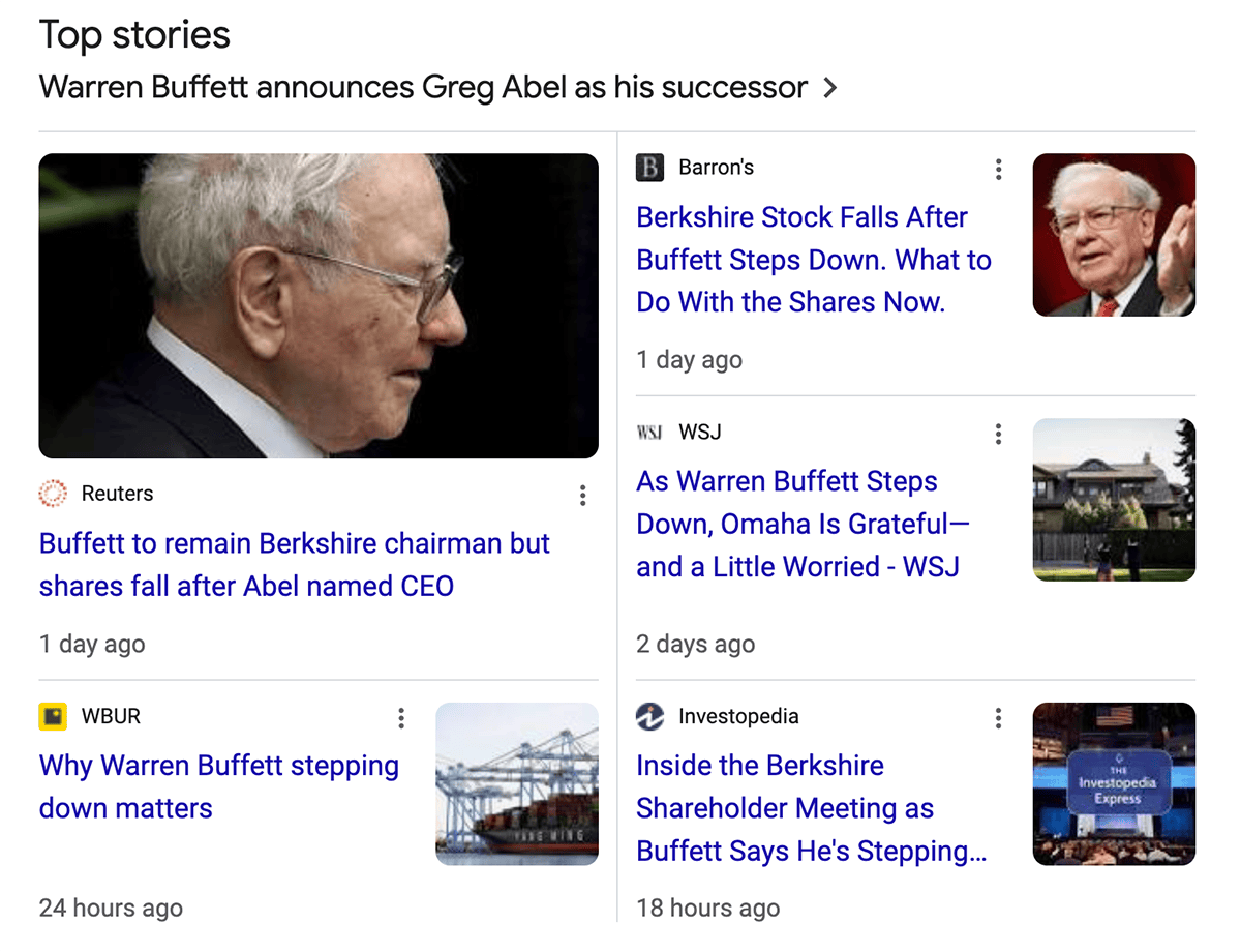 a screenshot of many Warren Buffett stories showing up in  google's top stories news feed.