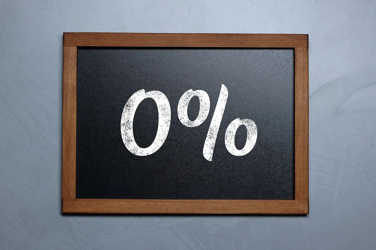 zero percent is written on a chalkboard.